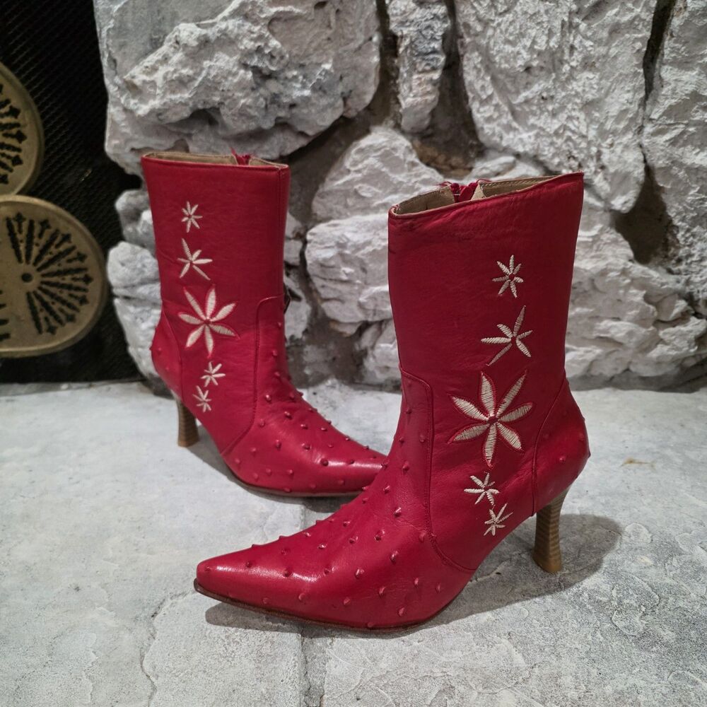El Canelo Leather Women Red Ostrich Floral Embroidered Boots Sz 5 US Cowgirl